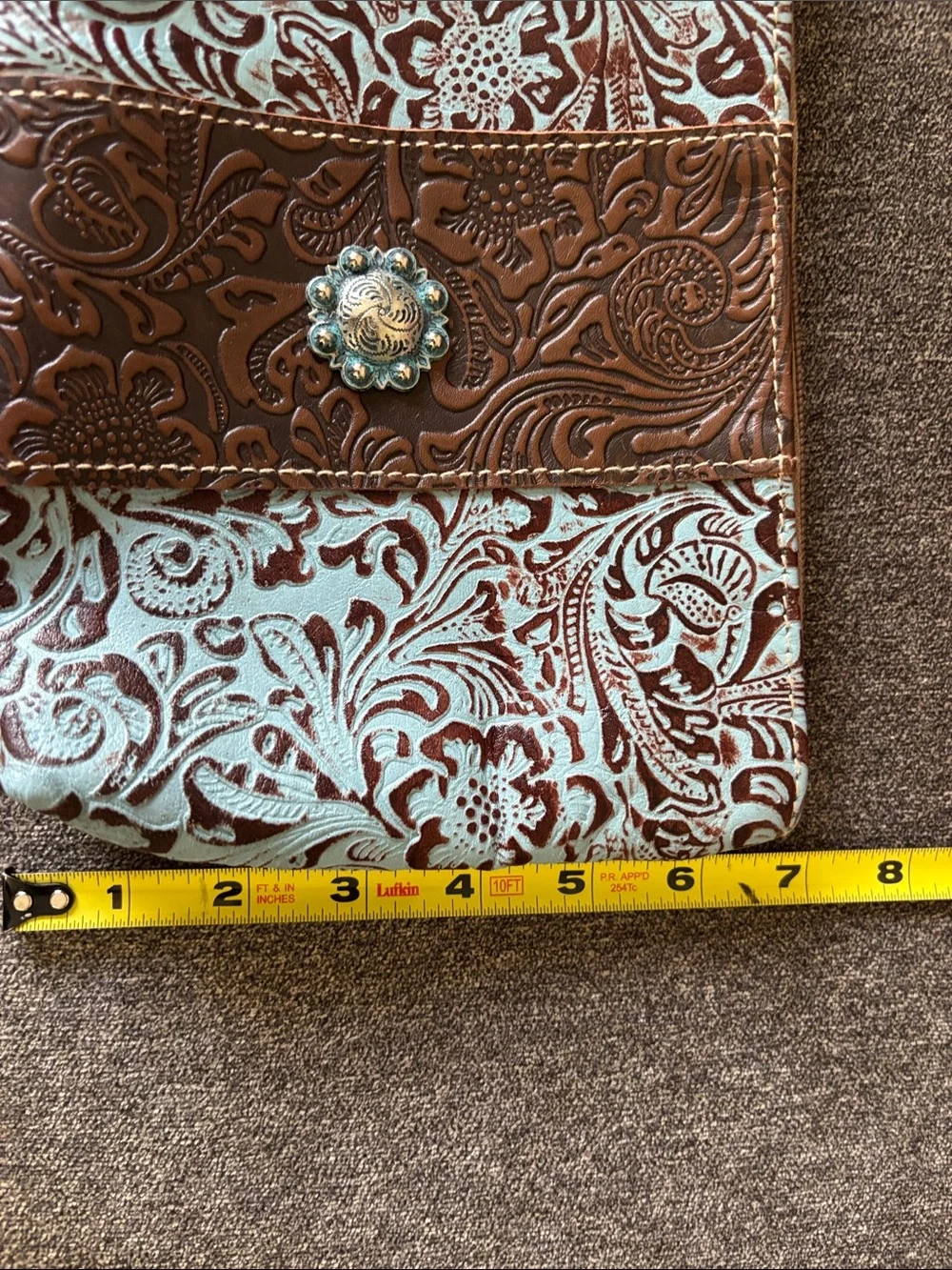 Myra Bag Brown and Light Blue Tooled Leather Wristlet with Turquoise Concho